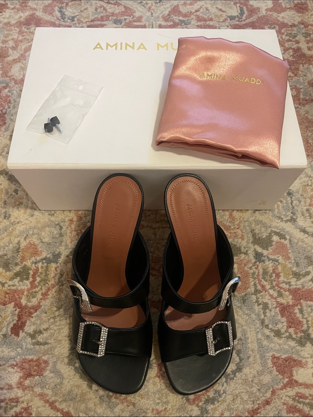 Amina Muaddi Millie Slipper 95 Black Leather Crystal Buckle Mules Size 37.5